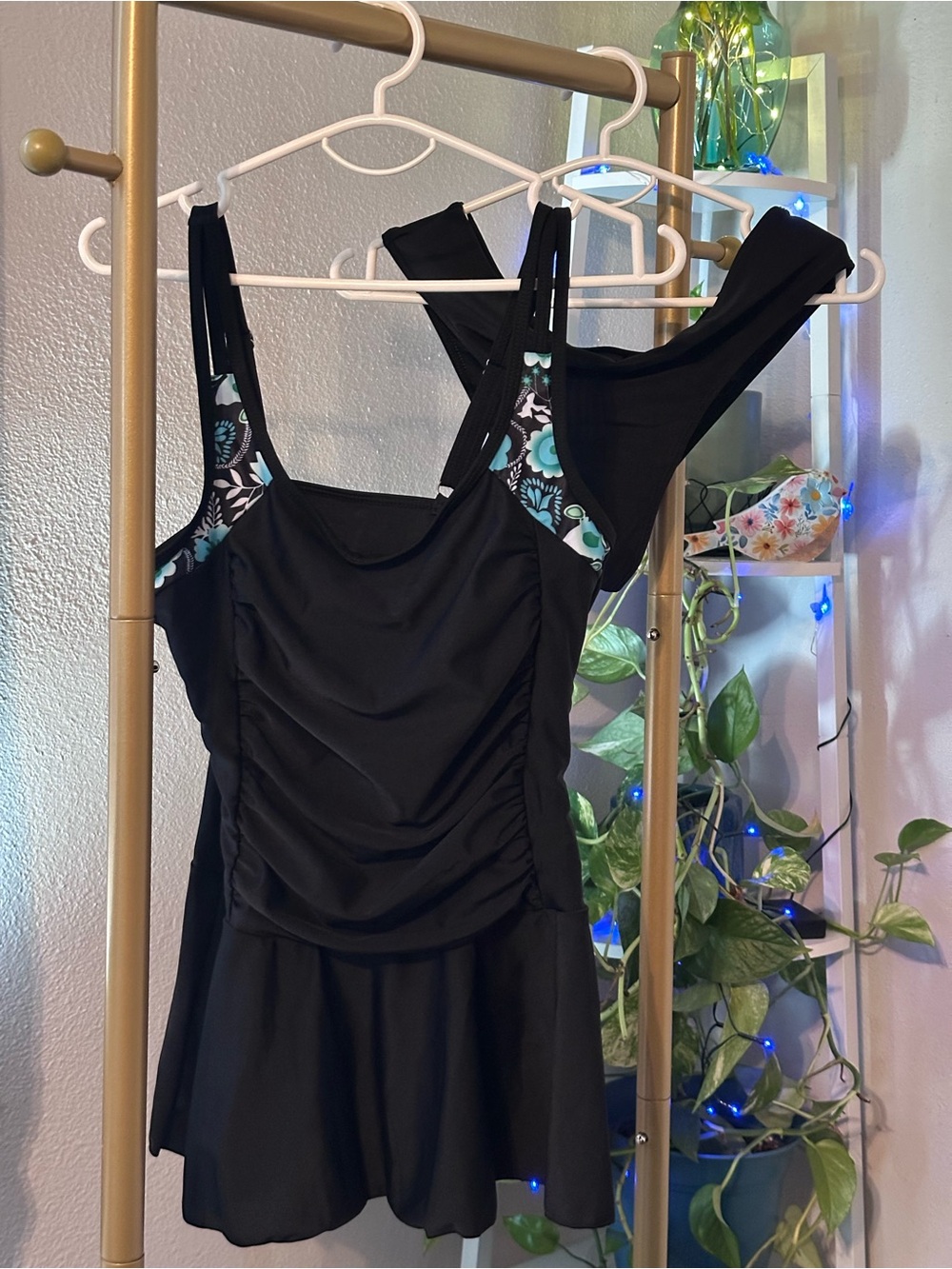 Source Unknown Black Swimdress with Aqua Floral Accents